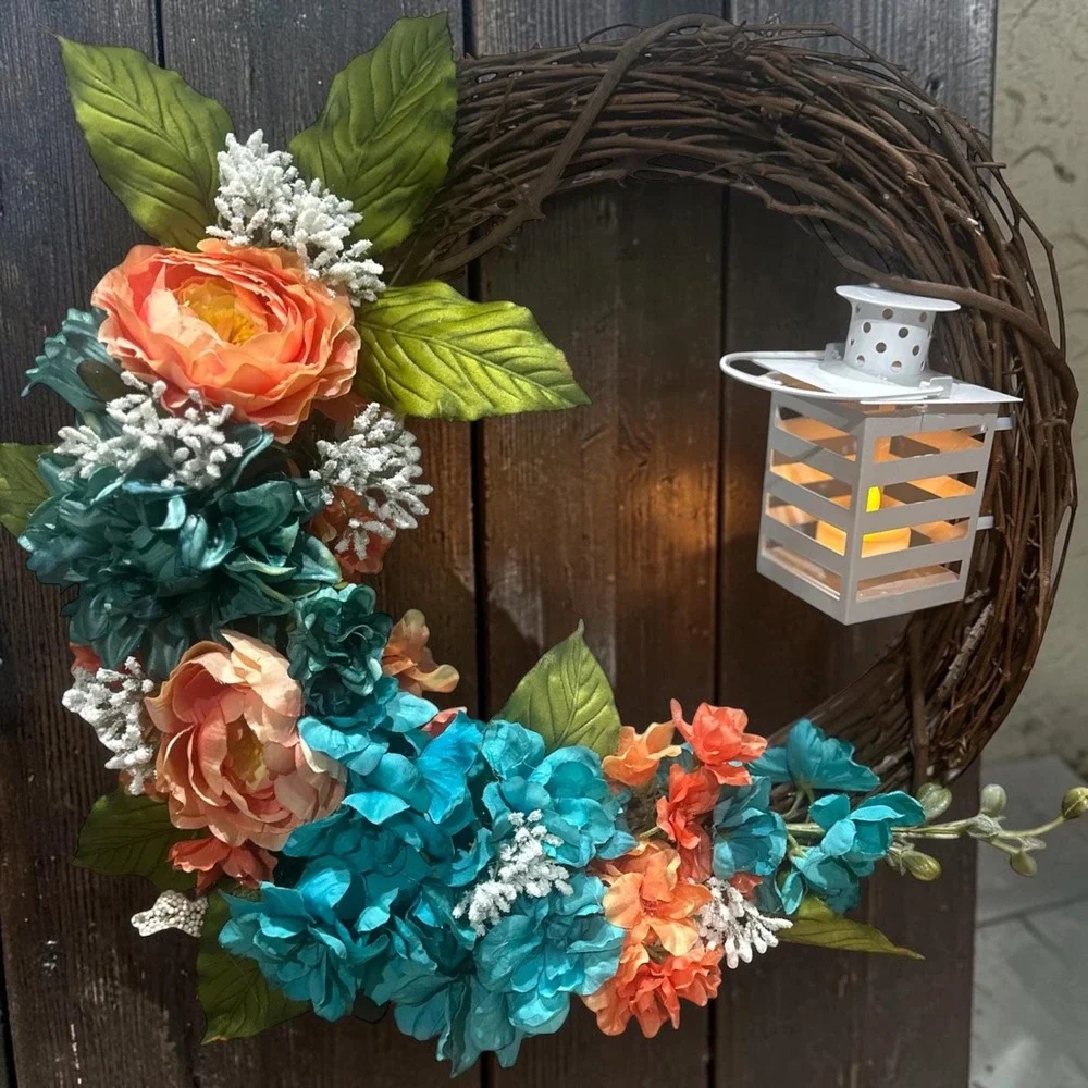 Colorful Spring Wreath with a light-up lantern; Faux Floral Door Accent